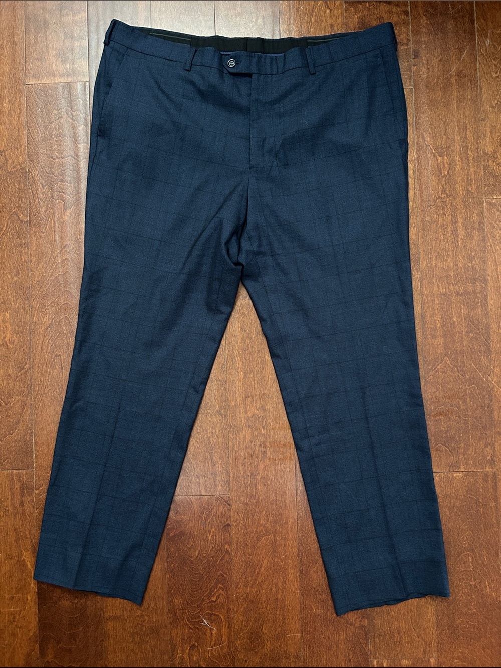 Super 160’s Men's Windowpane Navy Pants, Superfine Australian Wool, Size 56